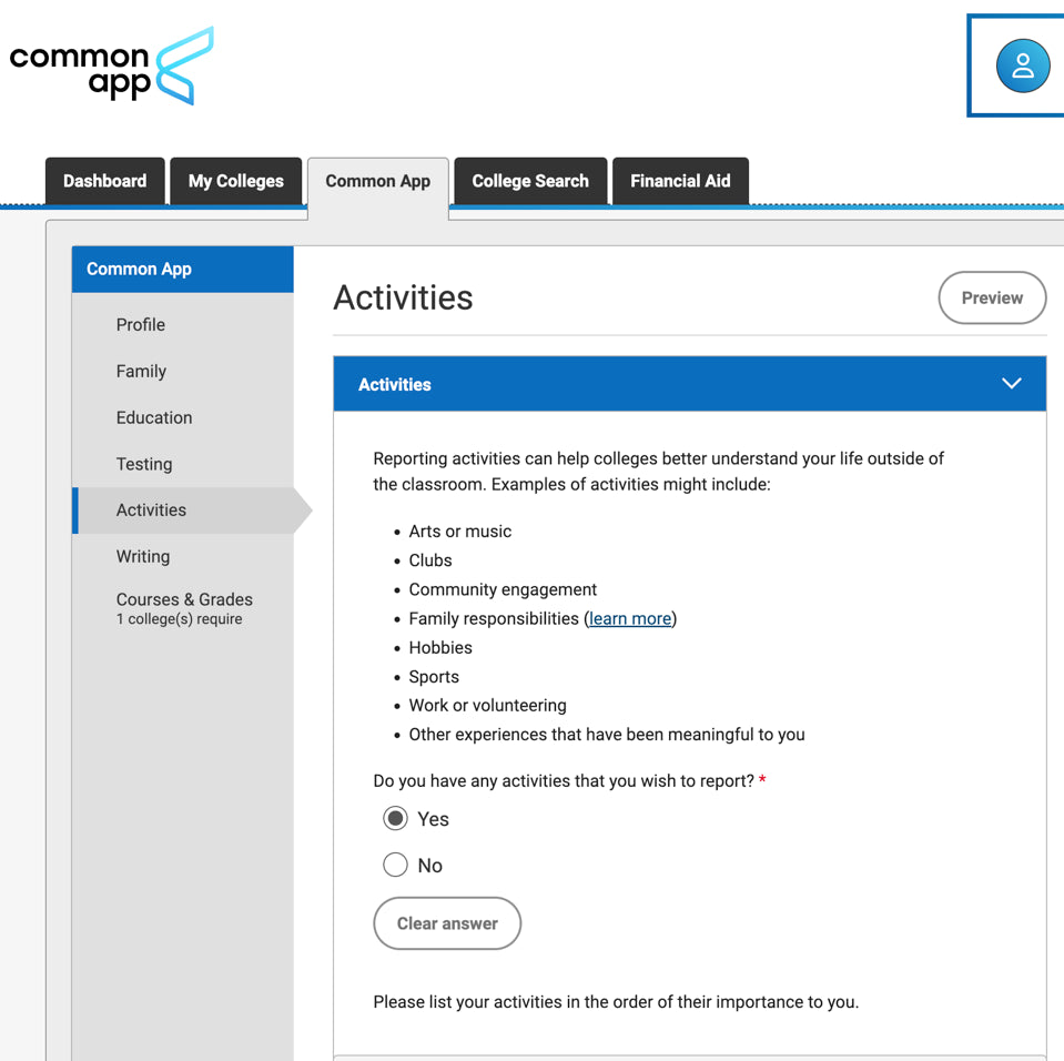 how to put continuous hobby in common app
